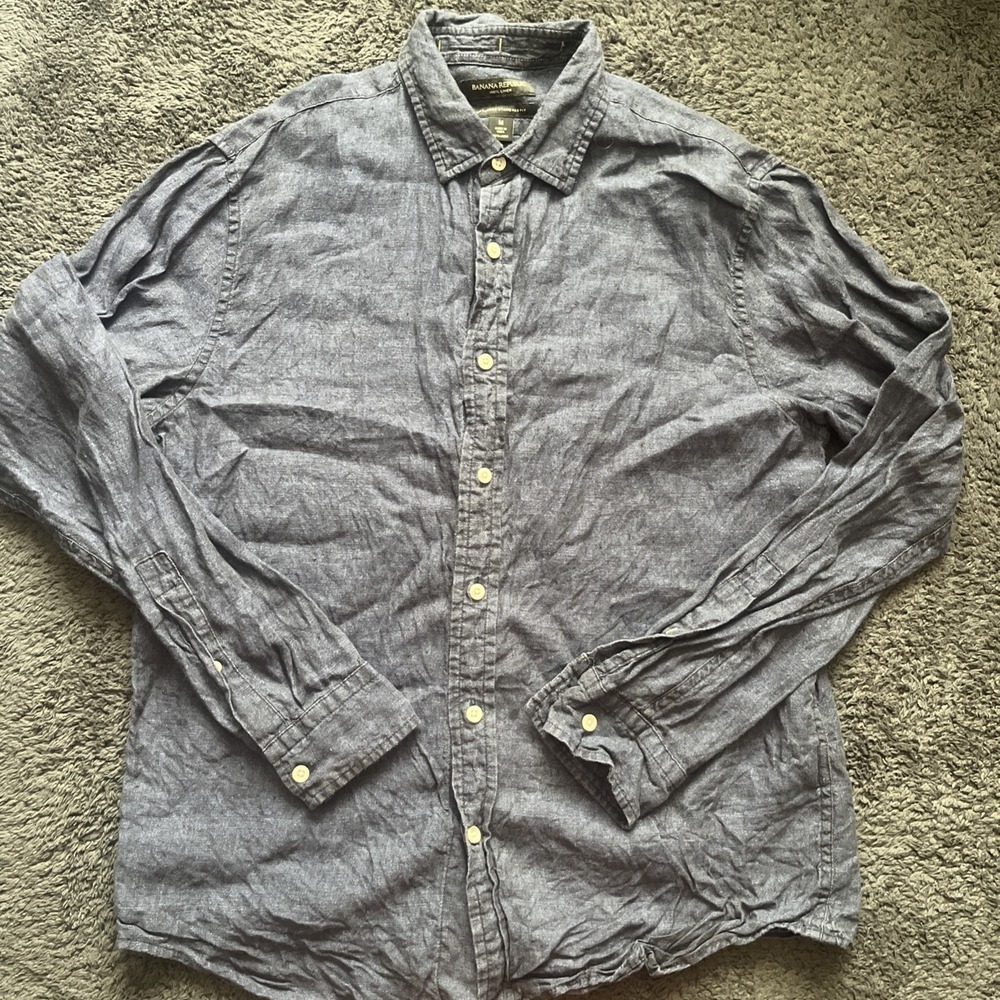 Banana Republic Linen Shirt Mens M Blue Untucked Standard Fit Casual Summer 0168